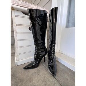 Jimmy Choo Black Patent Leather Stiletto Pointed Toe Boots IT 37.5